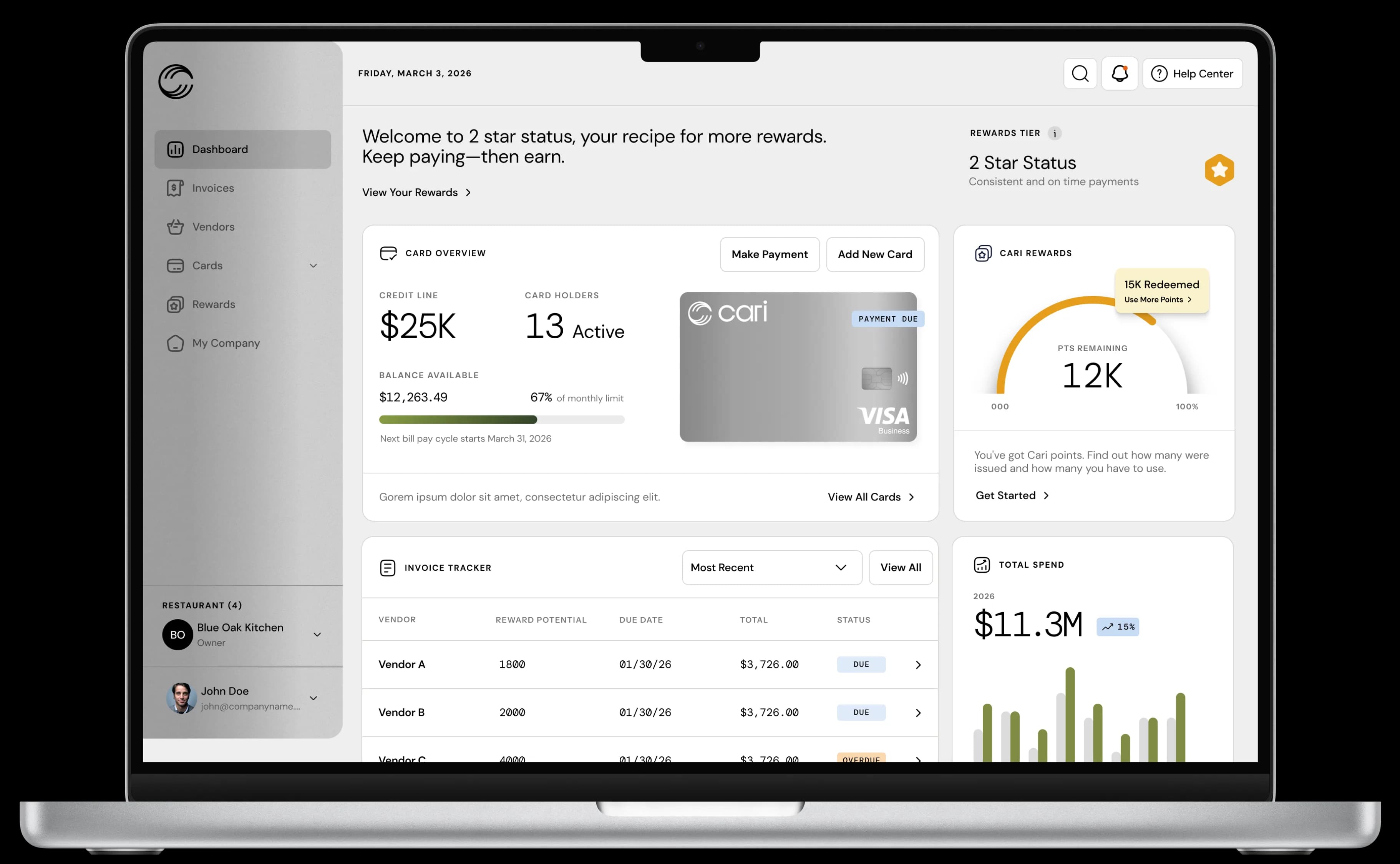 Cari restaurant dashboard on a laptop showing card overview, invoice tracker, and rewards