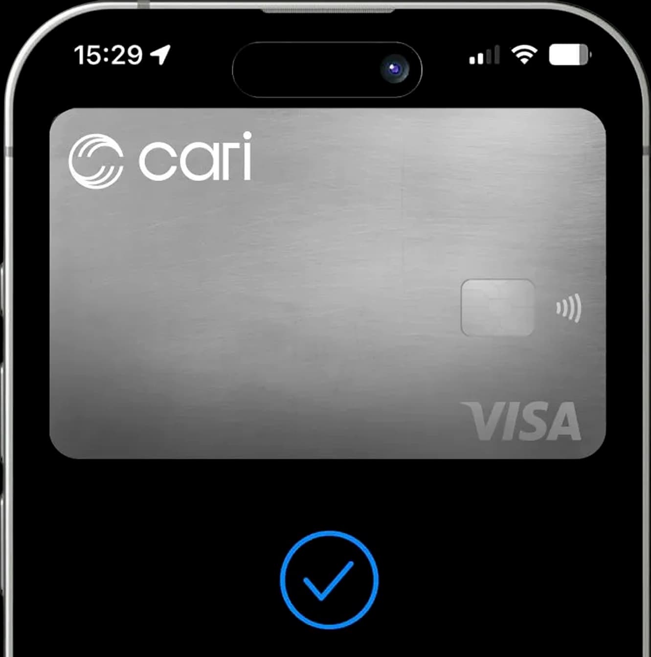 Cari Visa card displayed in Apple Wallet on an iPhone